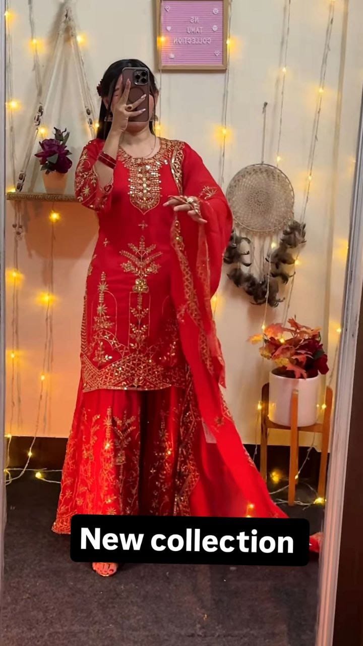 Glamorous Designer Party Wear Set – Sharara Palazzo, Elegant Top & Dupatta