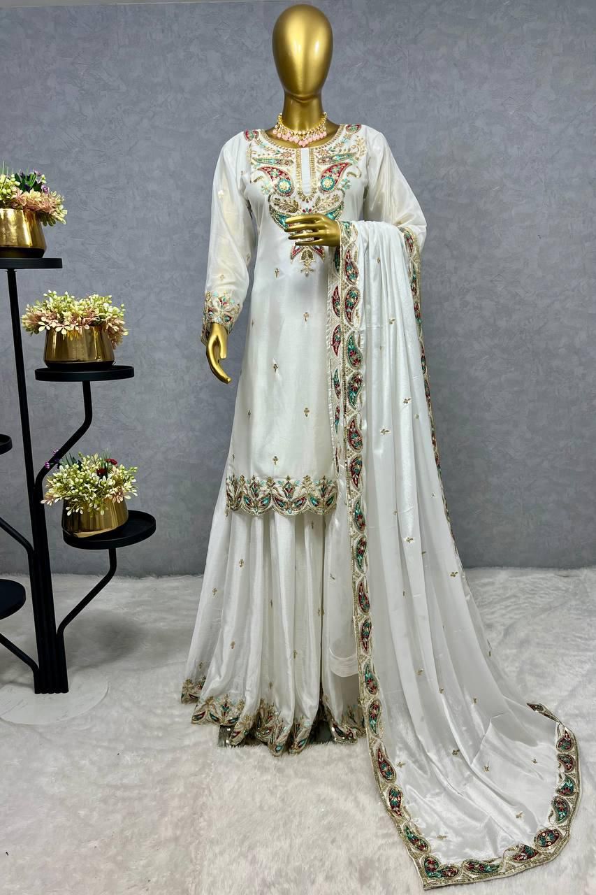 Elegant Chinon Silk Kurti Plazzo Set | Embroidery & Sequence Work