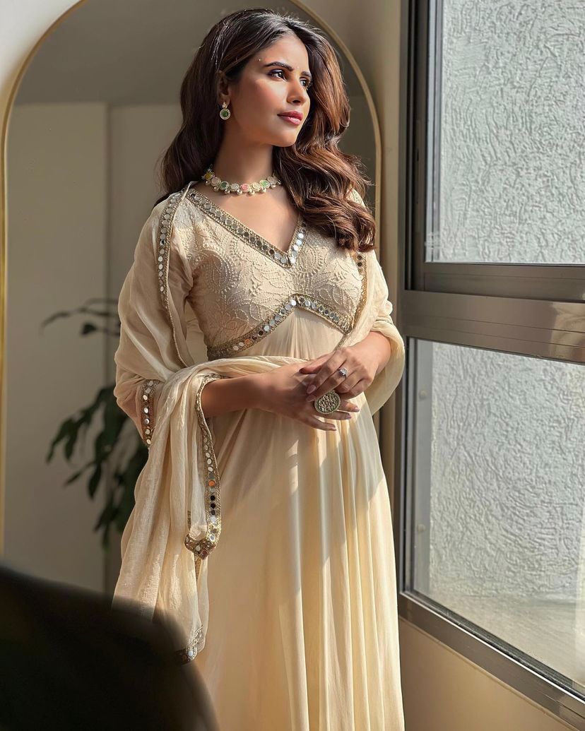 Heavy Faux Georgette Anarkali Gown | Chikankari & Real Mirror Work | Party Wear Set with Dupatta