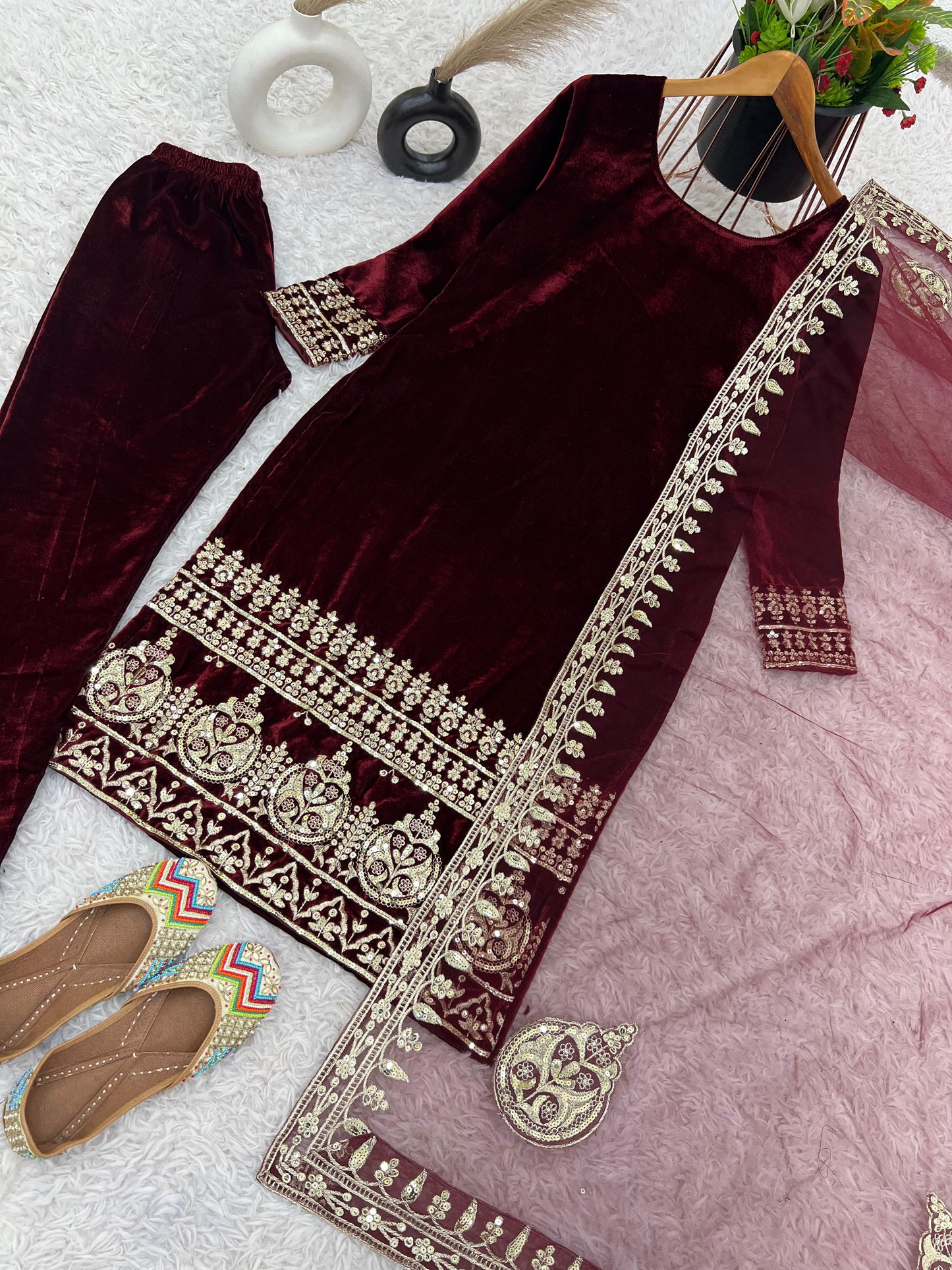 Designer Party Wear Velvet Suit โ Heavy Embroidered Top with Dupatta & Fully Stitched Bottom