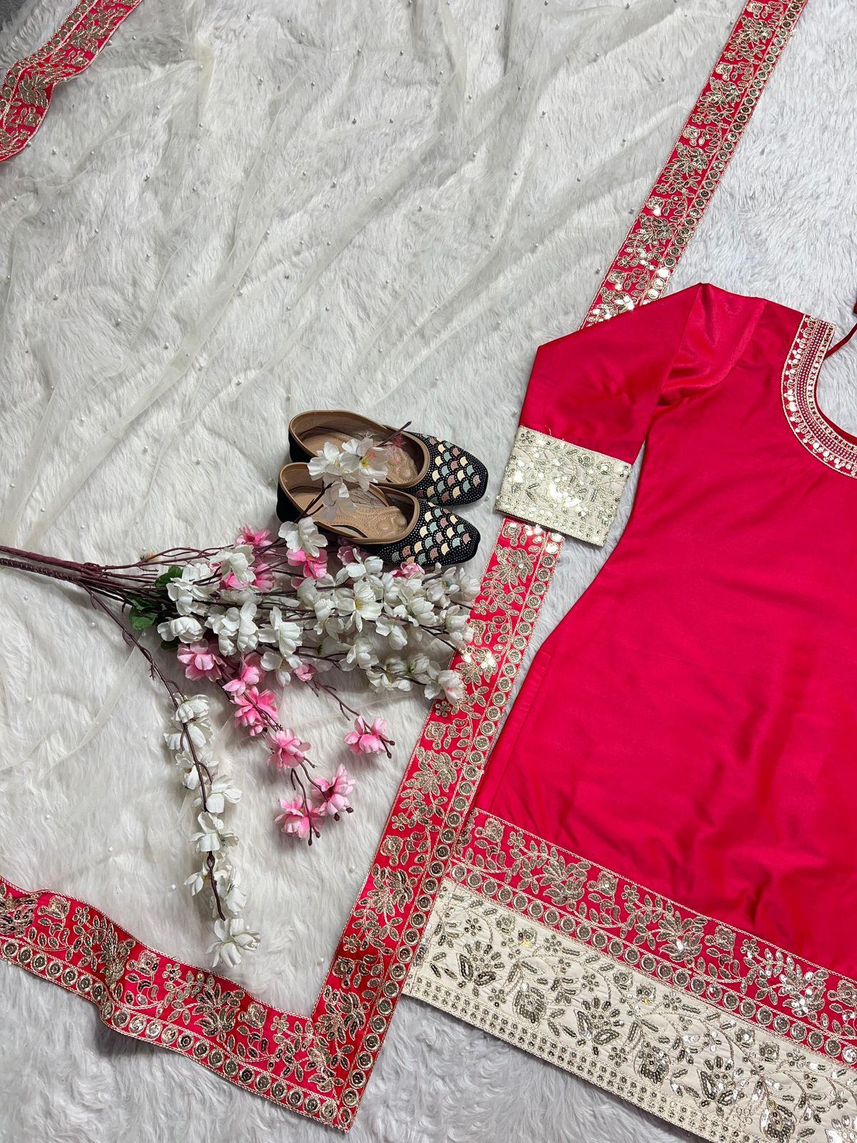 Embroidered Malay Satin Silk Top with Faux Georgette Pants & Net Dupatta