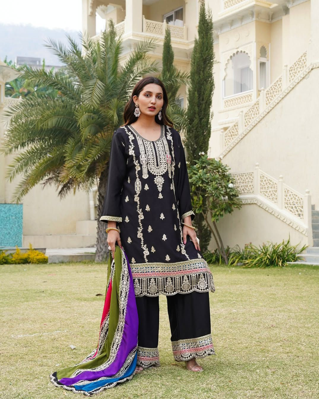 Pure Chinnon Silk Embroidered Suit Set with Palazzo & Dupatta