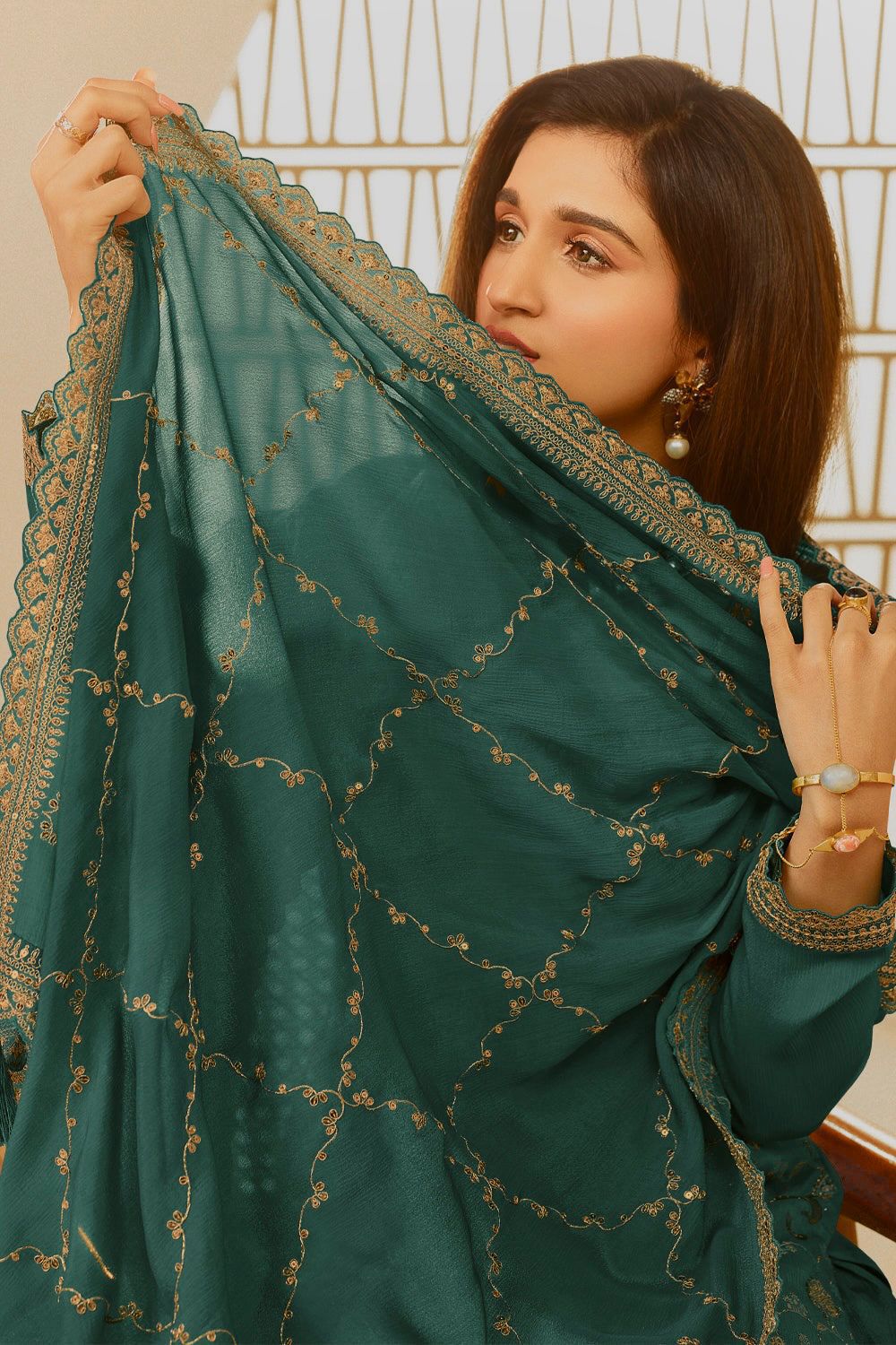 Embroidered Chinon Silk Kurti Palazzo Set with Dupatta