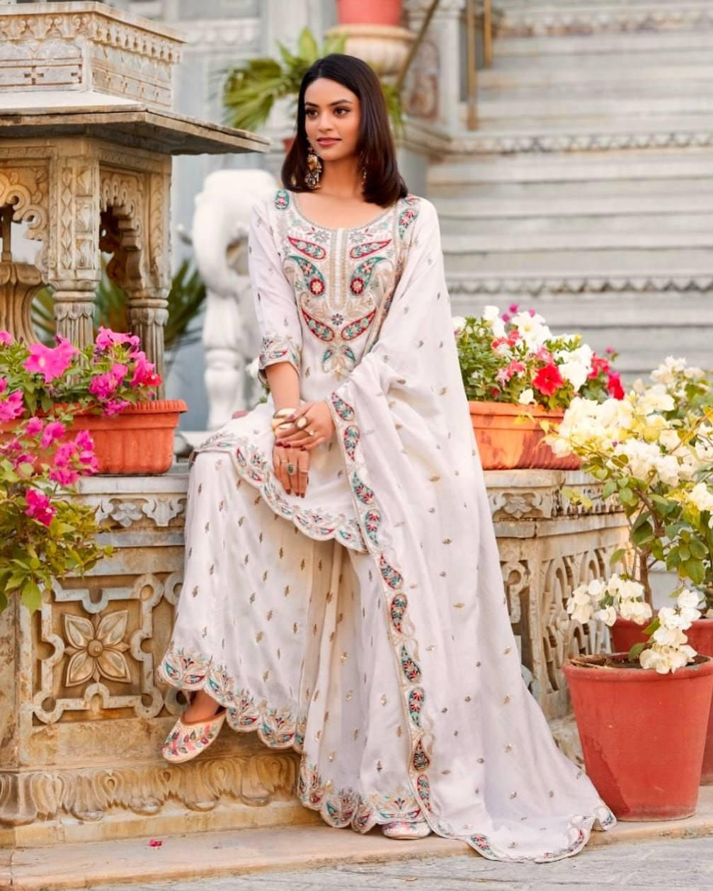Elegant Chinon Silk Kurti Plazzo Set | Embroidery & Sequence Work