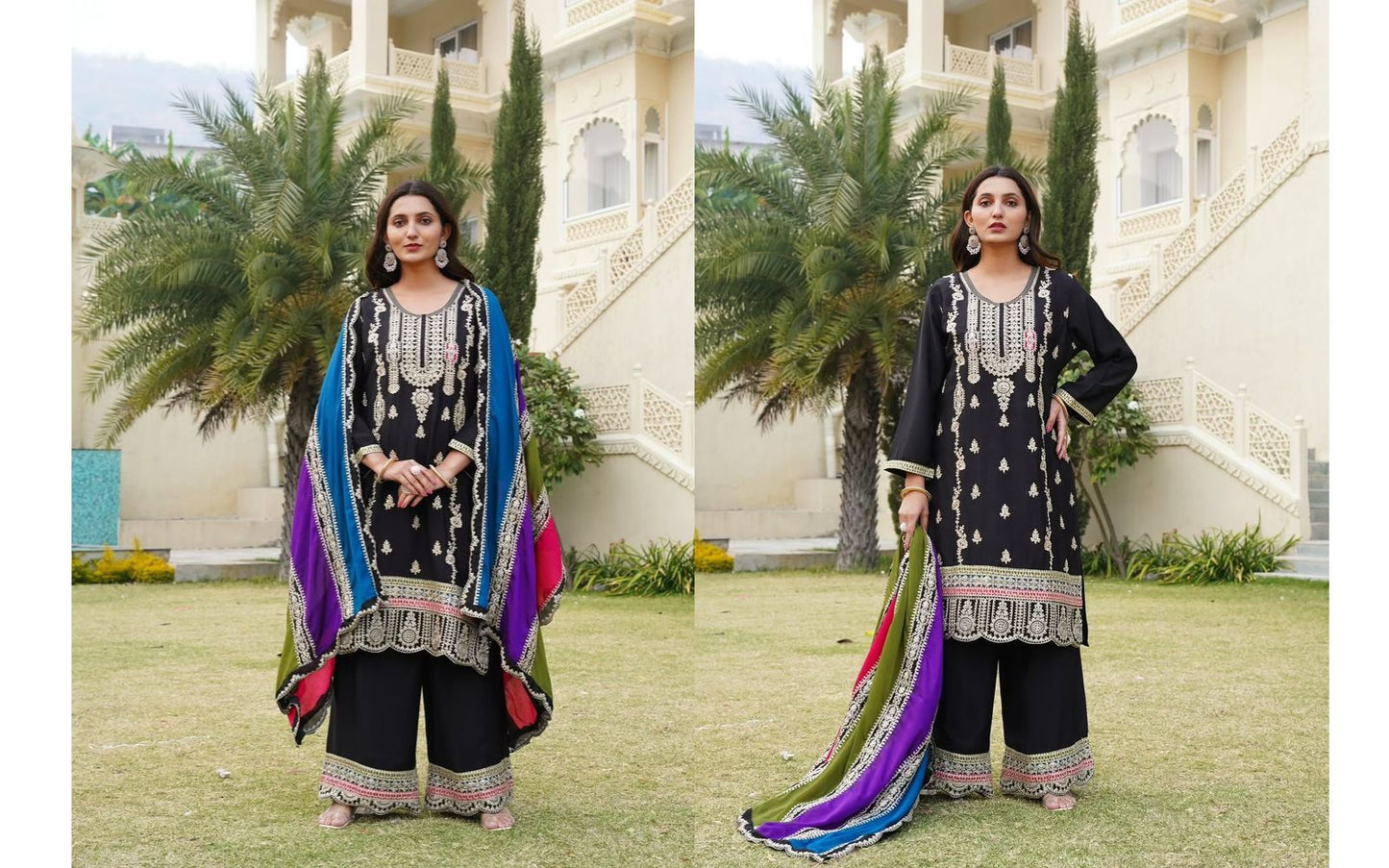 Pure Chinnon Silk Embroidered Suit Set with Palazzo & Dupatta