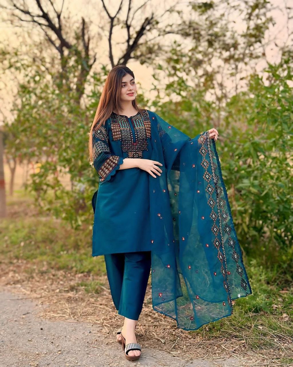 Roman Silk Embroidered Suit – Sequined Top, Pant & Organza Dupatta