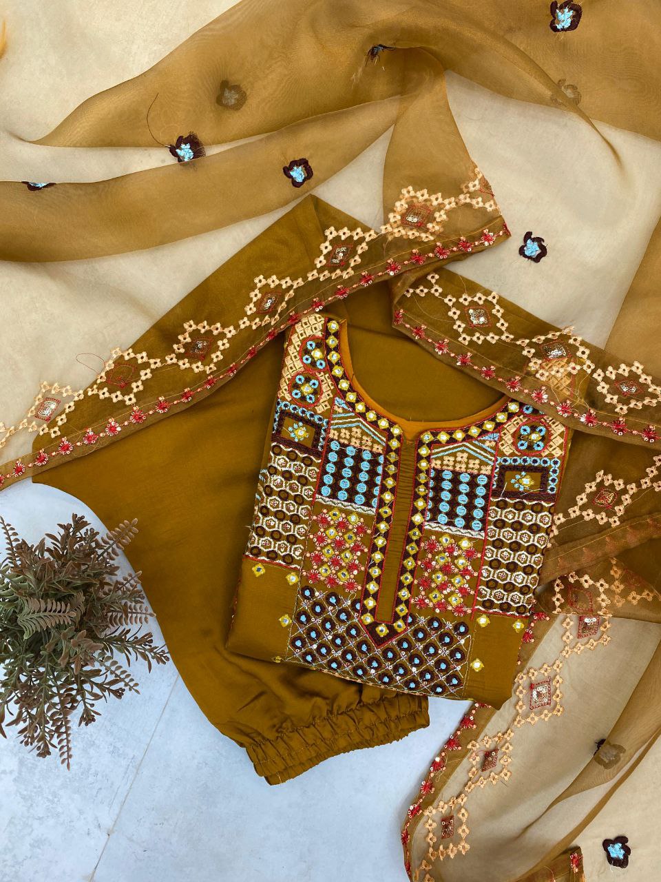 Roman Silk Embroidered Suit – Sequined Top, Pant & Organza Dupatta