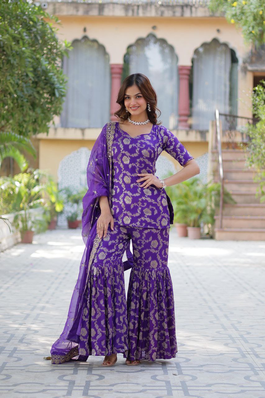 Designer Gharara Suit β Embroidered Viscose Georgette Kurti, Gharara & Silk Dupatta