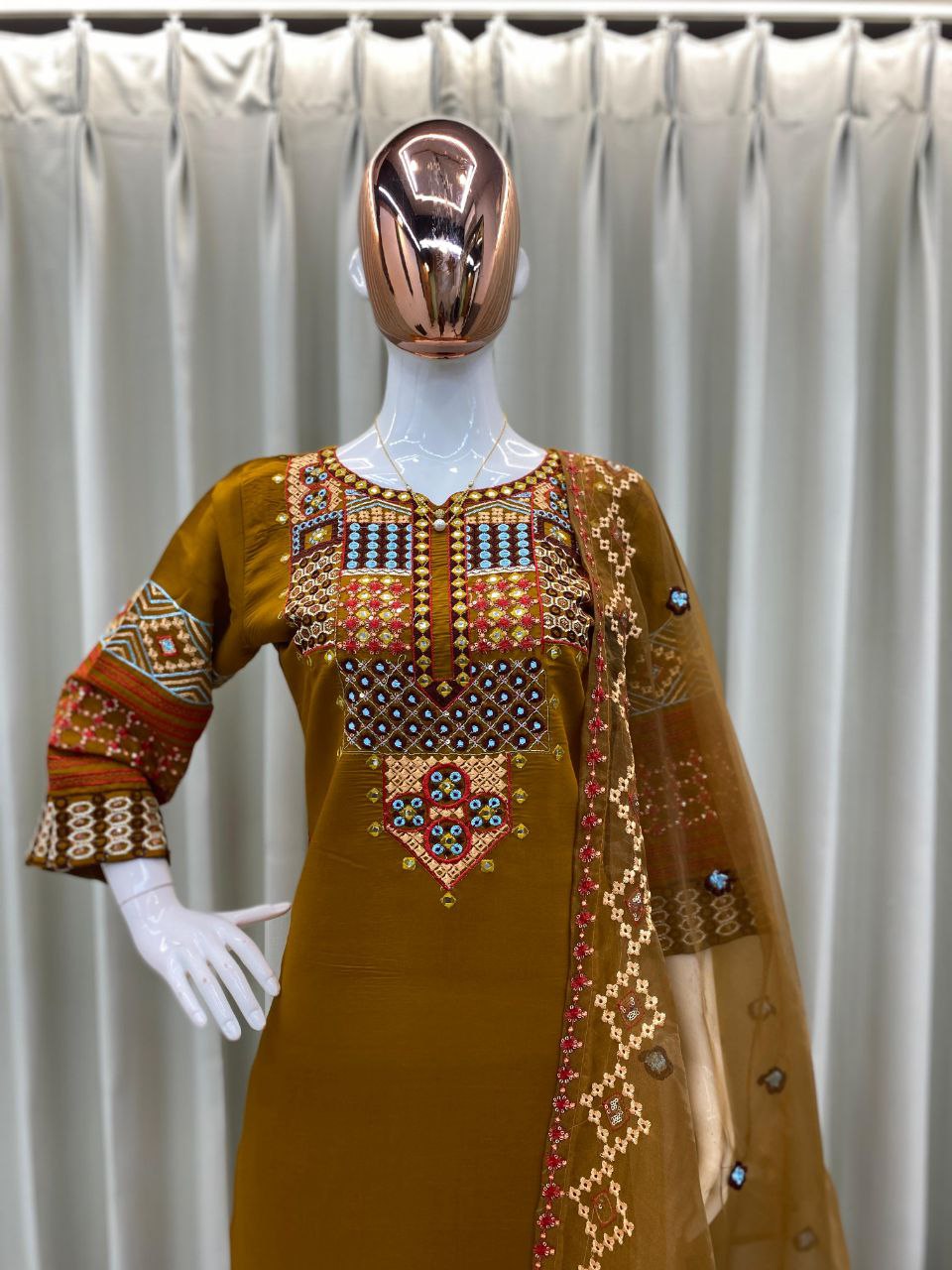 Roman Silk Embroidered Suit – Sequined Top, Pant & Organza Dupatta