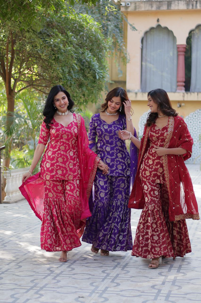 Designer Gharara Suit β Embroidered Viscose Georgette Kurti, Gharara & Silk Dupatta