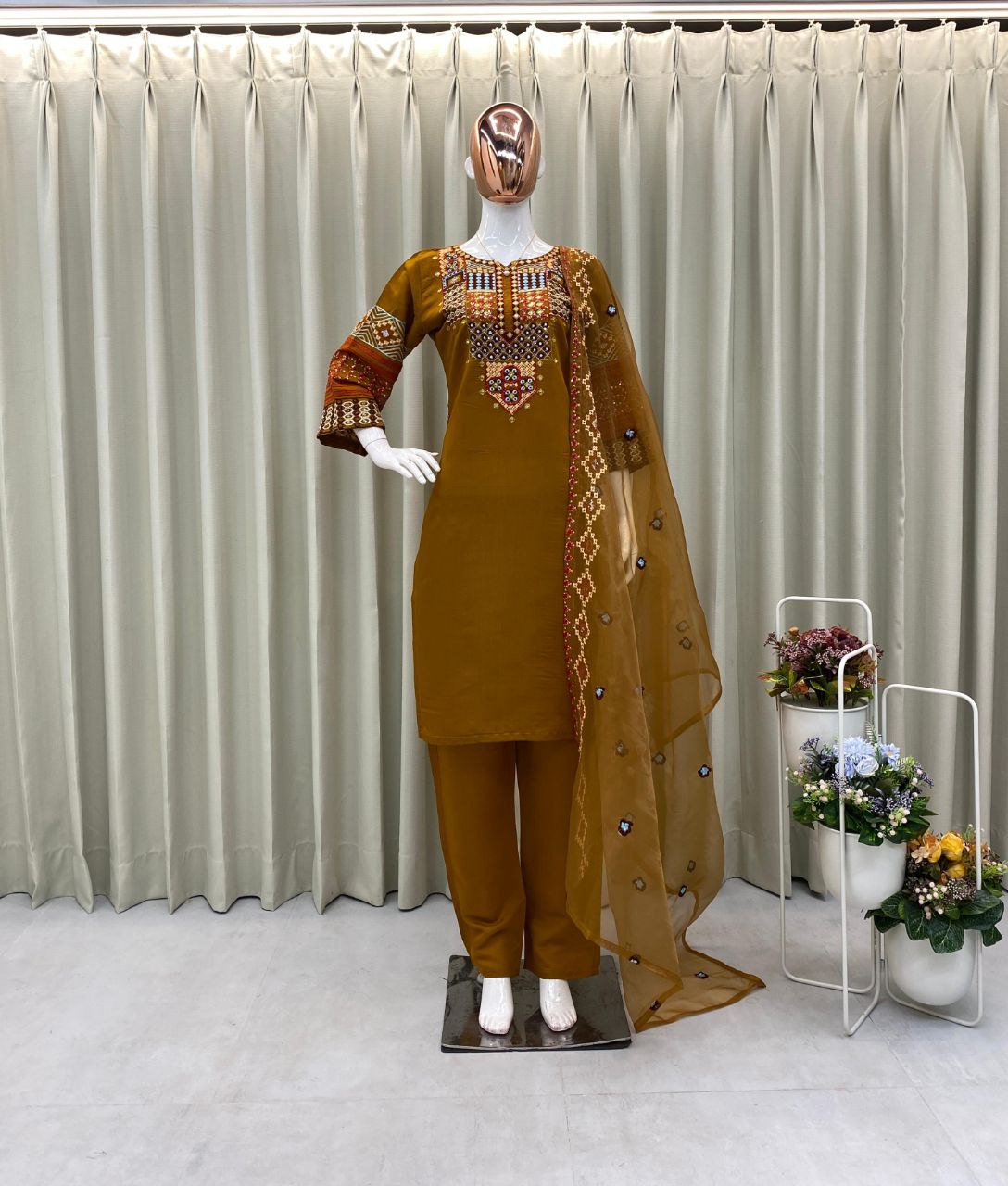 Roman Silk Embroidered Suit – Sequined Top, Pant & Organza Dupatta