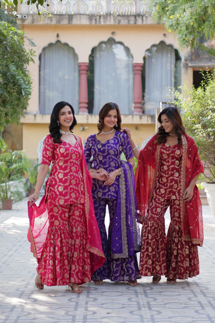 Designer Gharara Suit β Embroidered Viscose Georgette Kurti, Gharara & Silk Dupatta