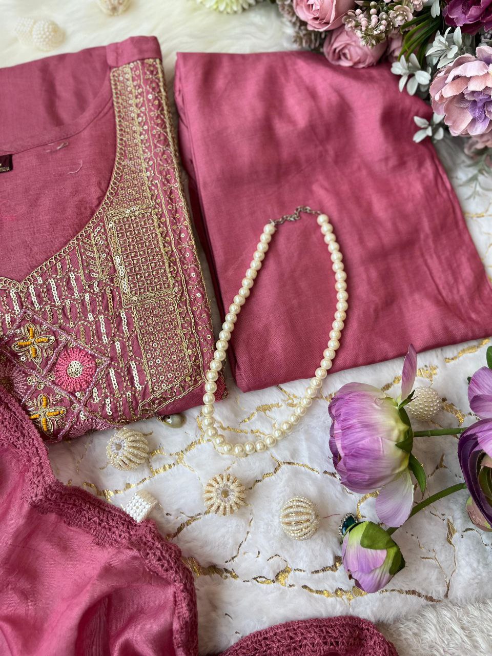 Premium Hand Work Kurti Pant Dupatta Set in Pure Banana Silk