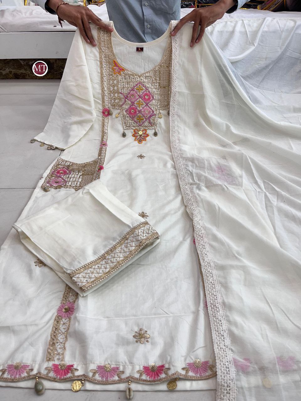 Premium Hand Work Kurti Pant Dupatta Set in Pure Banana Silk