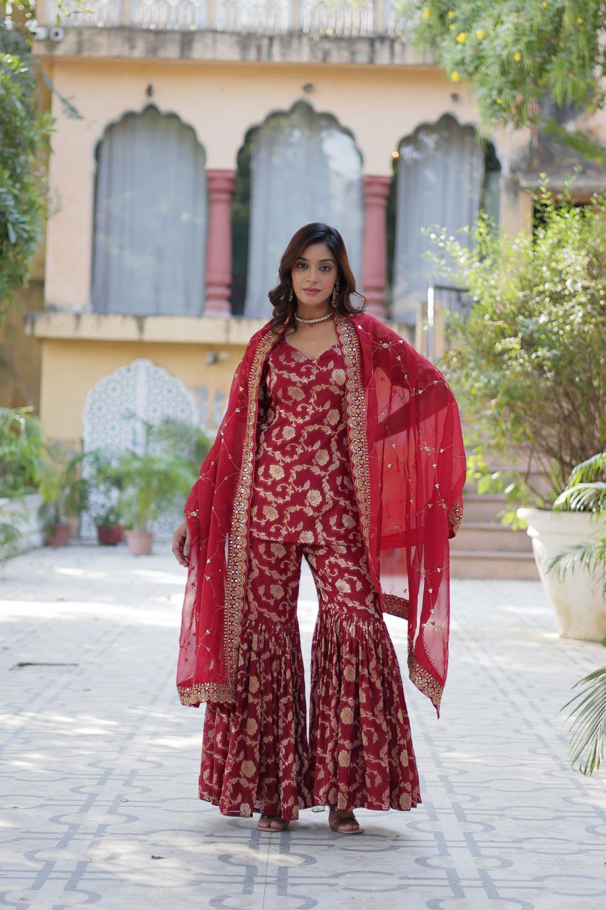 Designer Gharara Suit β Embroidered Viscose Georgette Kurti, Gharara & Silk Dupatta