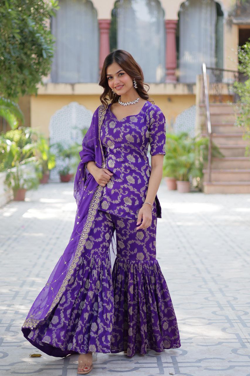 Designer Gharara Suit β Embroidered Viscose Georgette Kurti, Gharara & Silk Dupatta