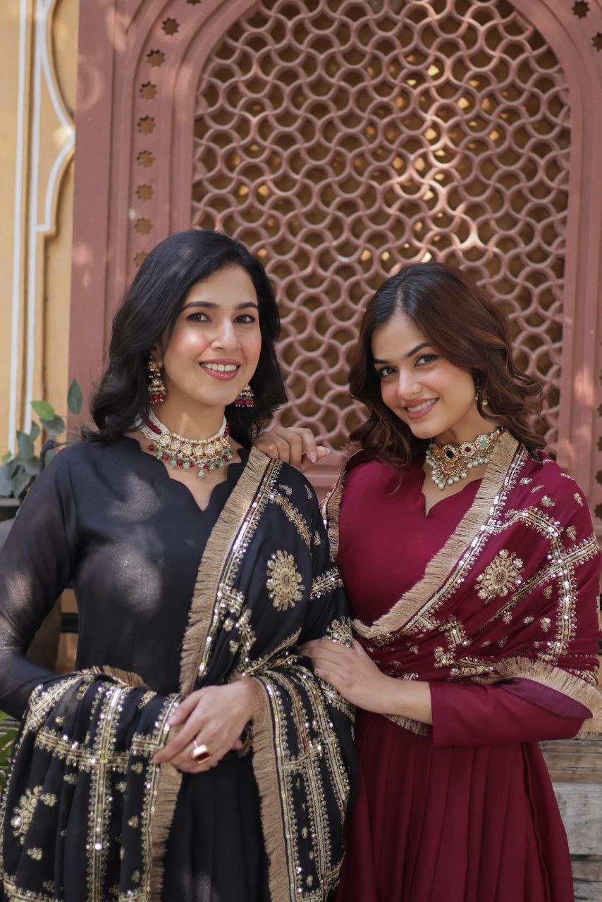 Embroidered Star Georgette Gown with Dupatta – Zari Sequins Work