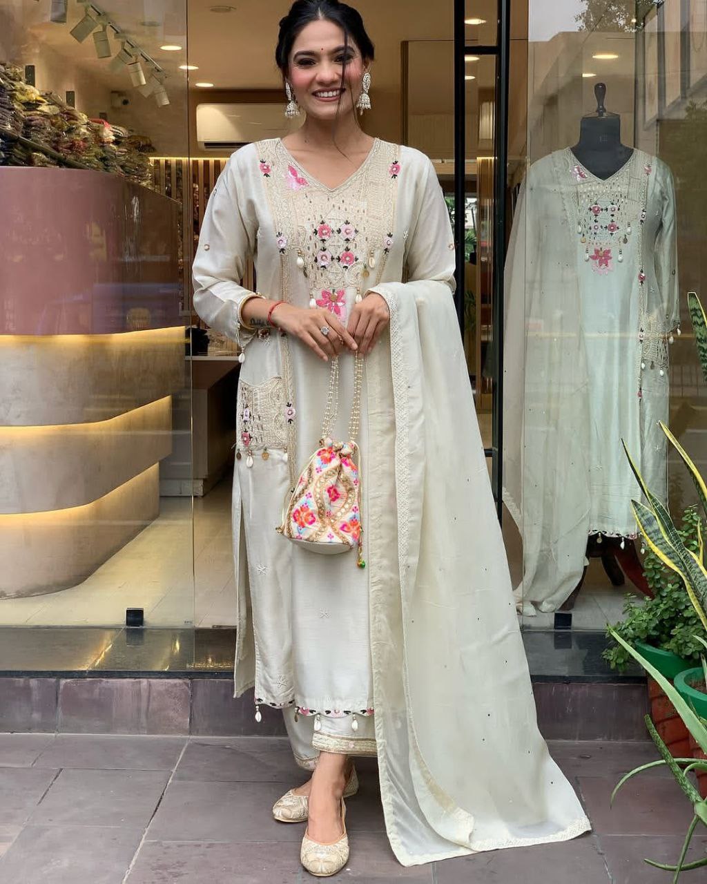 Premium Hand Work Kurti Pant Dupatta Set in Pure Banana Silk