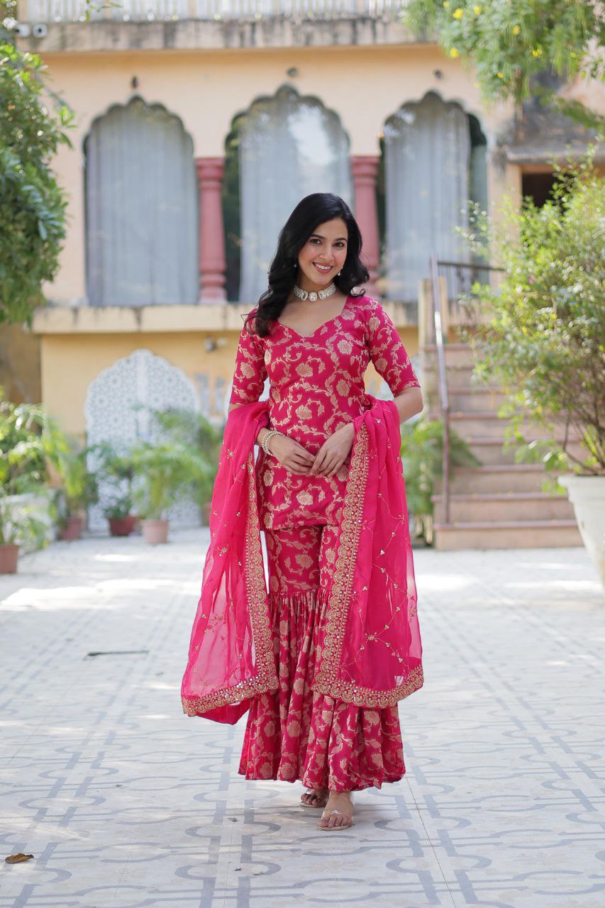 Designer Gharara Suit β Embroidered Viscose Georgette Kurti, Gharara & Silk Dupatta
