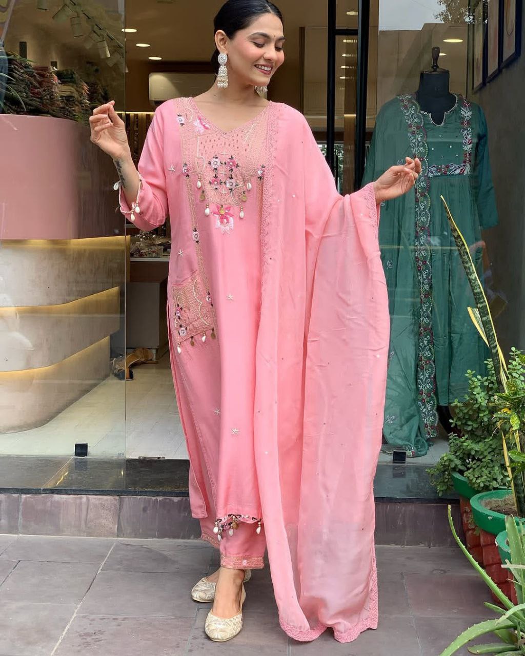 Premium Hand Work Kurti Pant Dupatta Set in Pure Banana Silk