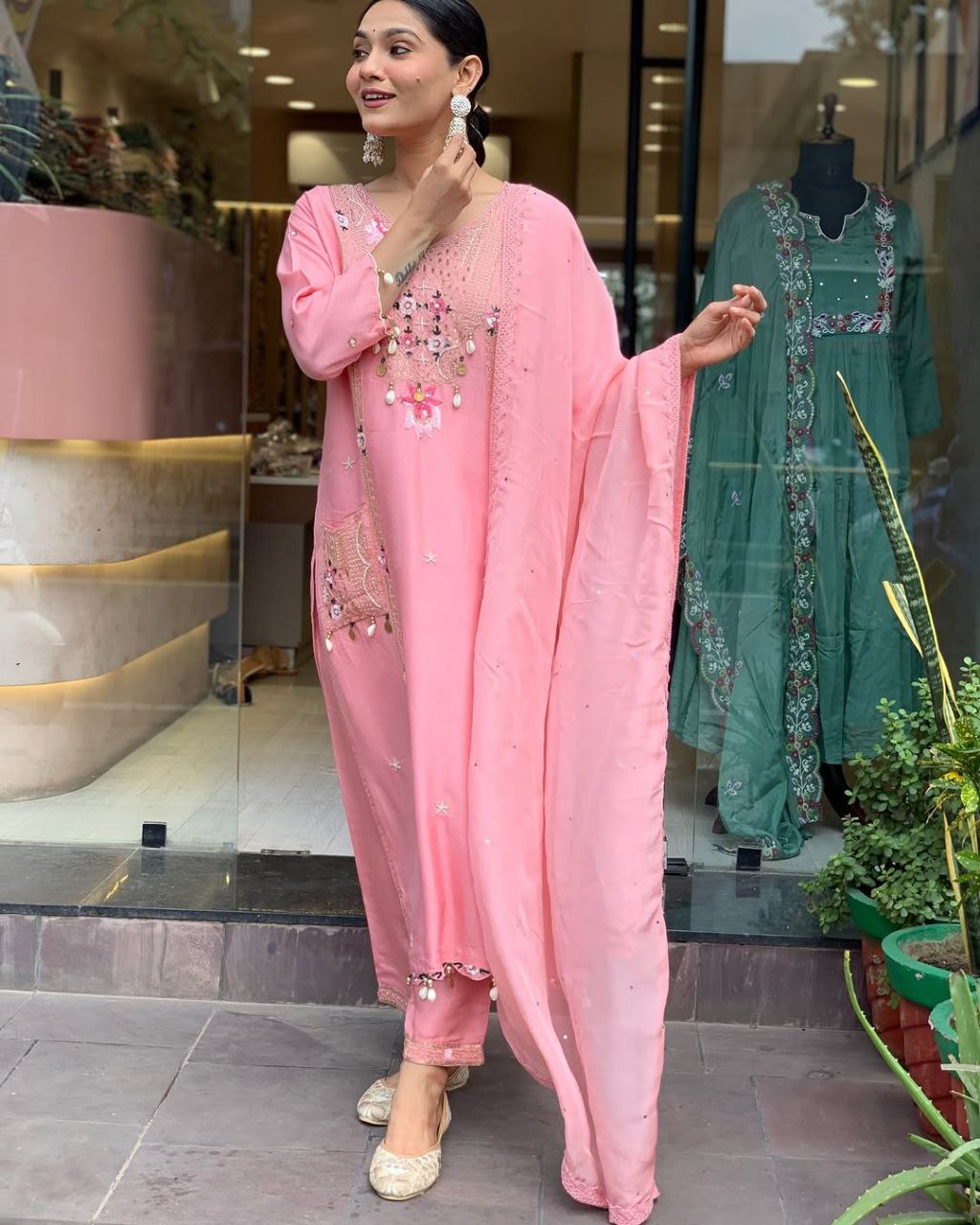 Premium Hand Work Kurti Pant Dupatta Set in Pure Banana Silk