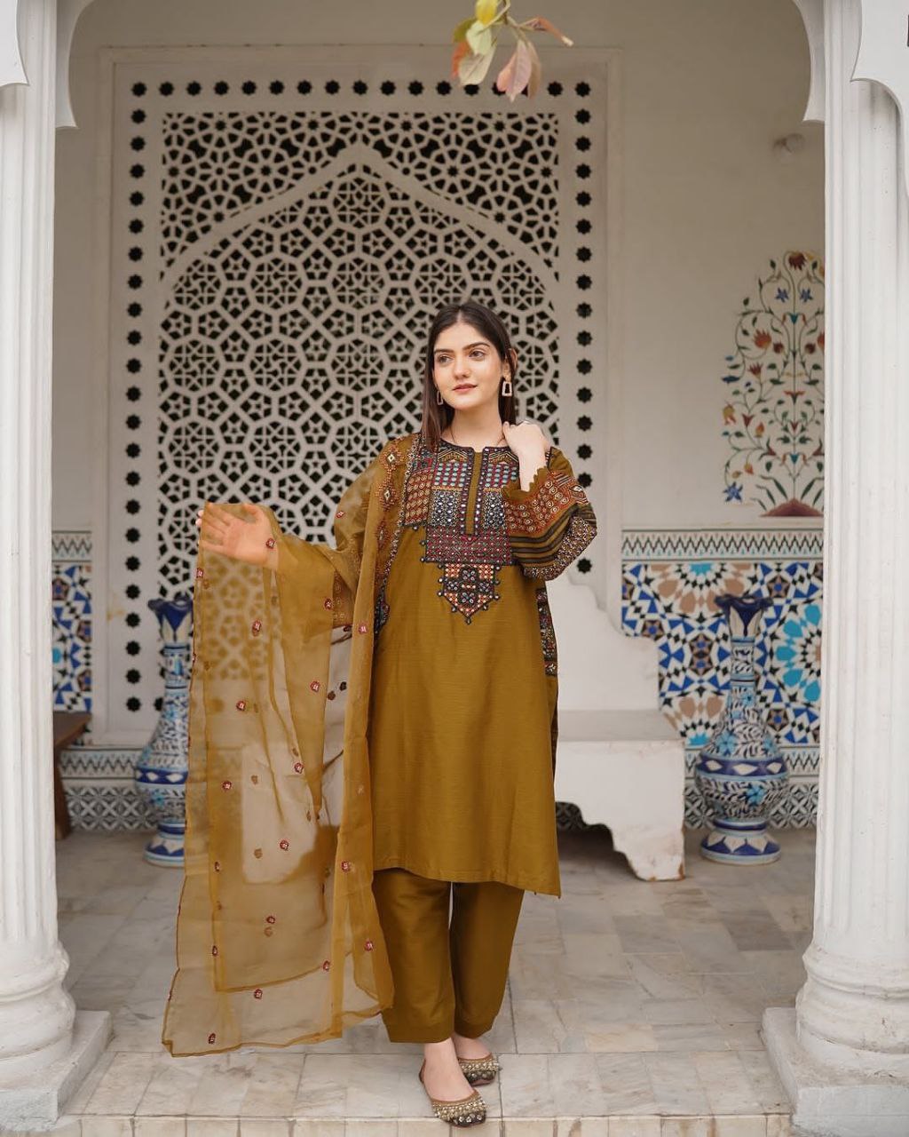 Roman Silk Embroidered Suit – Sequined Top, Pant & Organza Dupatta