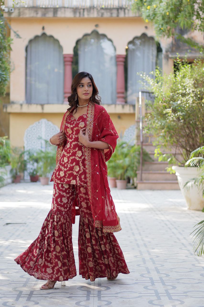 Designer Gharara Suit β Embroidered Viscose Georgette Kurti, Gharara & Silk Dupatta