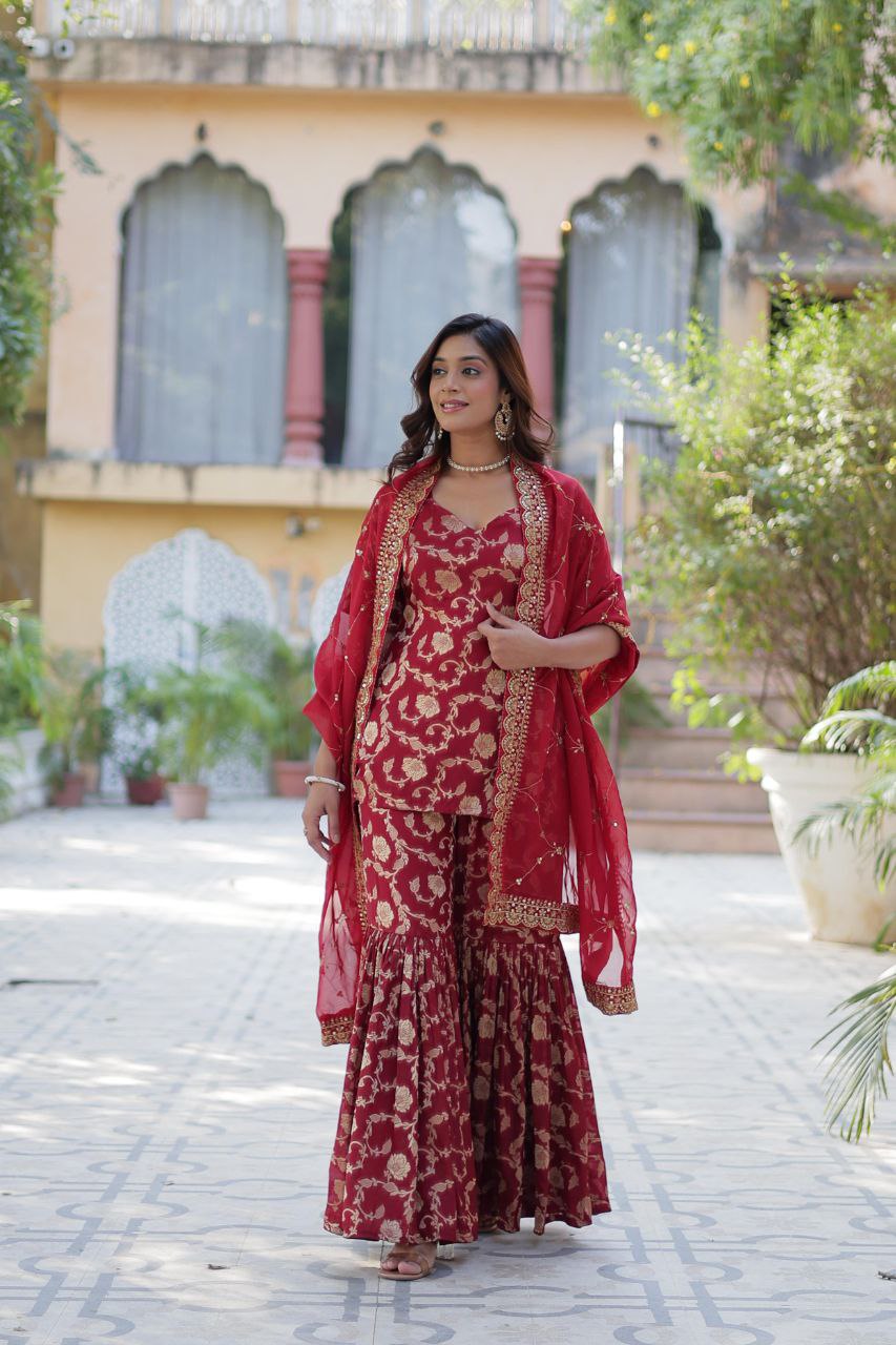 Designer Gharara Suit β Embroidered Viscose Georgette Kurti, Gharara & Silk Dupatta