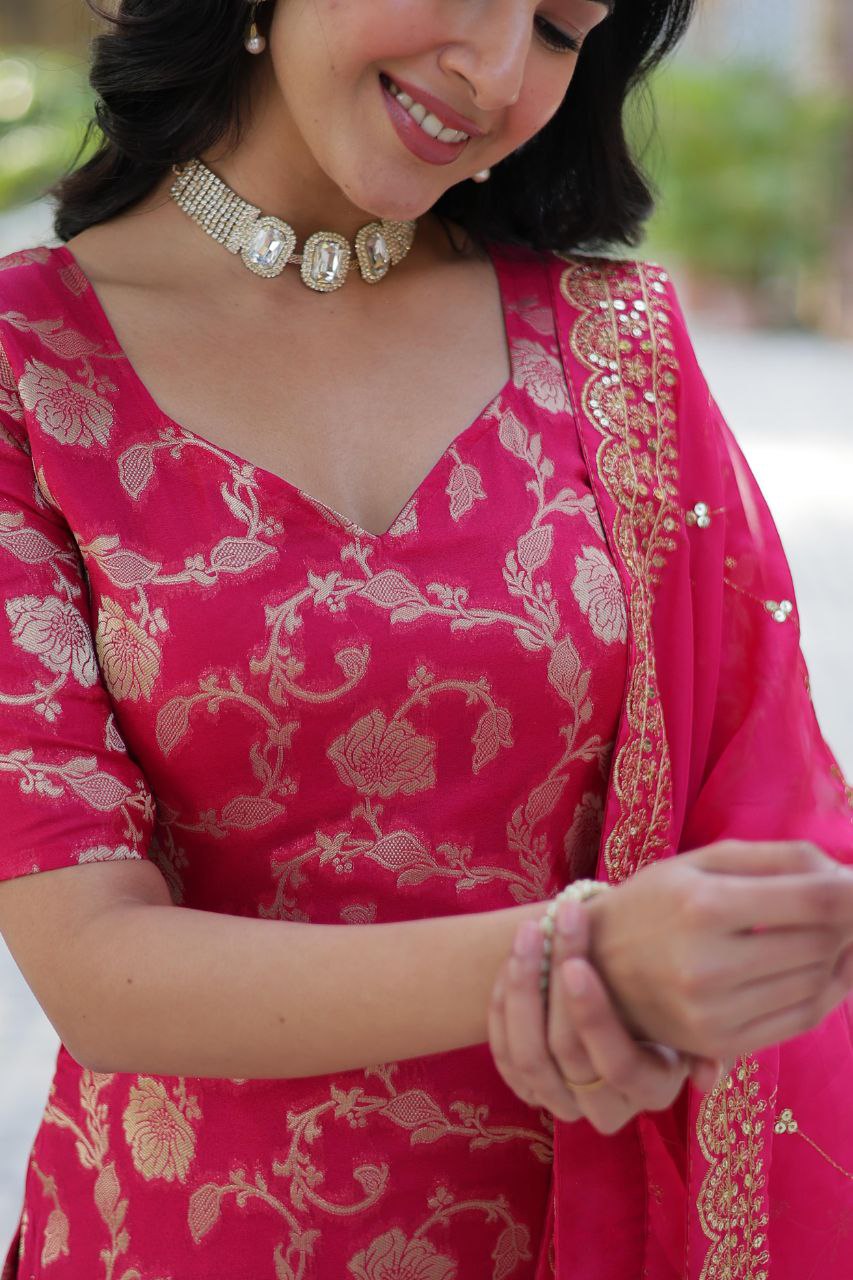 Designer Gharara Suit β Embroidered Viscose Georgette Kurti, Gharara & Silk Dupatta