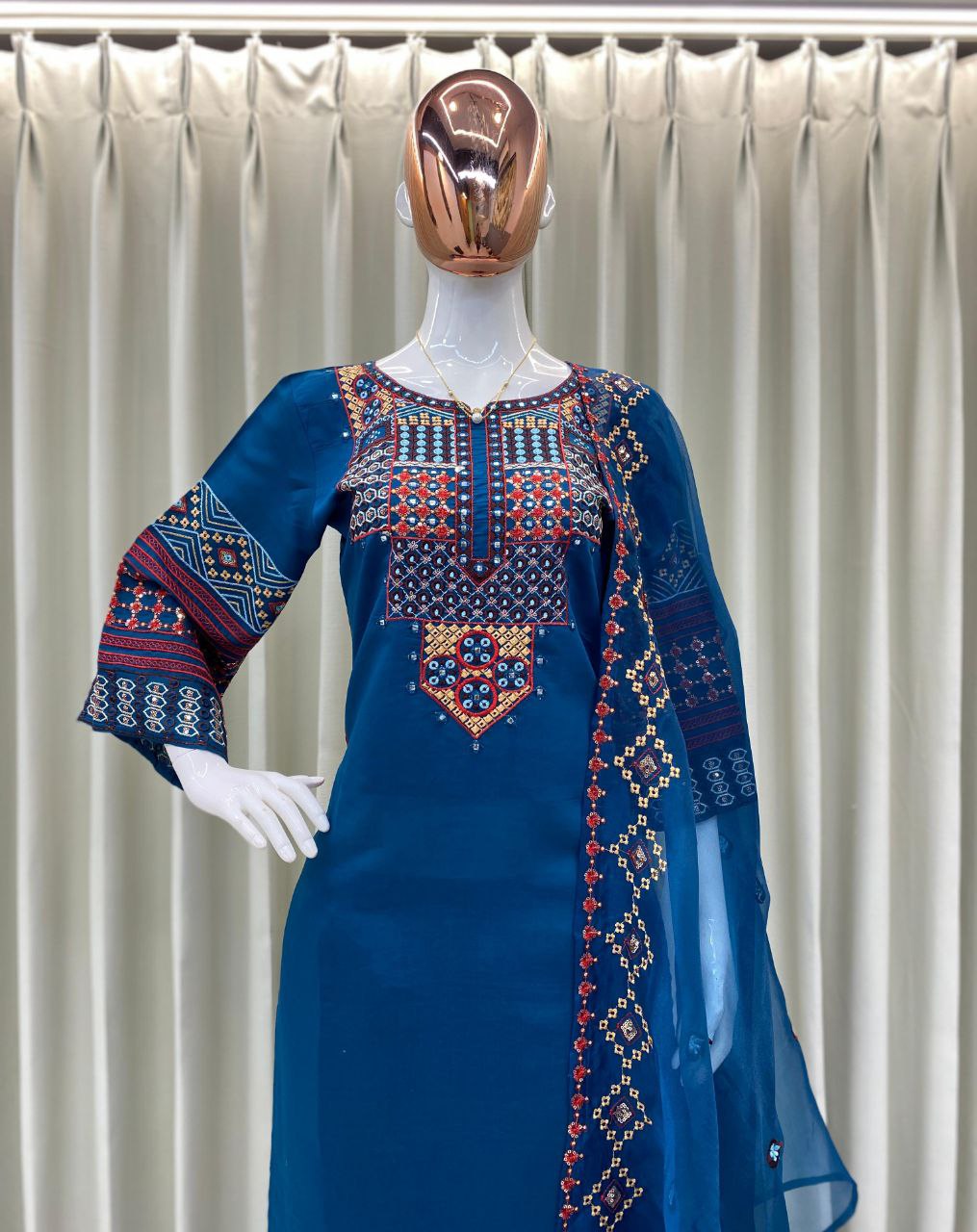 Roman Silk Embroidered Suit – Sequined Top, Pant & Organza Dupatta