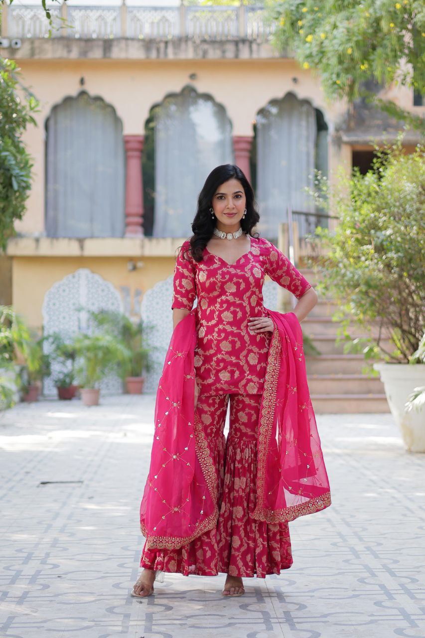 Designer Gharara Suit β Embroidered Viscose Georgette Kurti, Gharara & Silk Dupatta