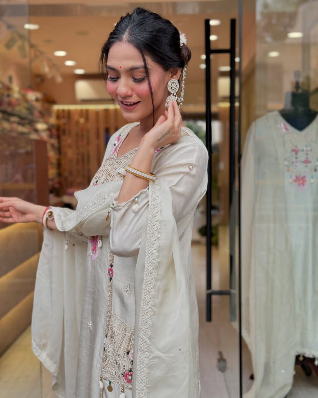 Premium Hand Work Kurti Pant Dupatta Set in Pure Banana Silk