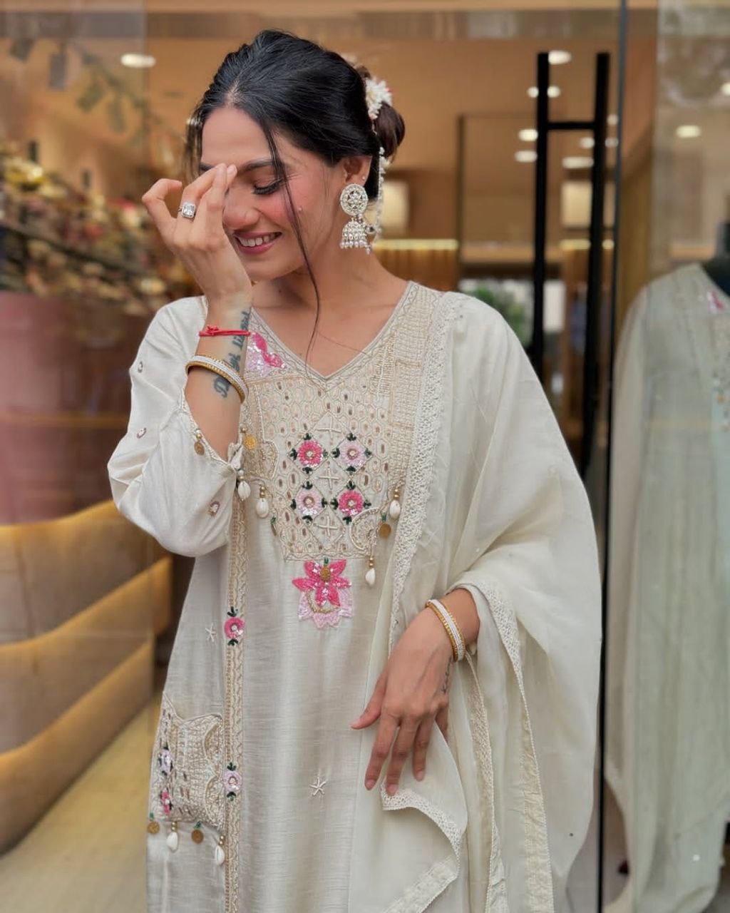 Premium Hand Work Kurti Pant Dupatta Set in Pure Banana Silk