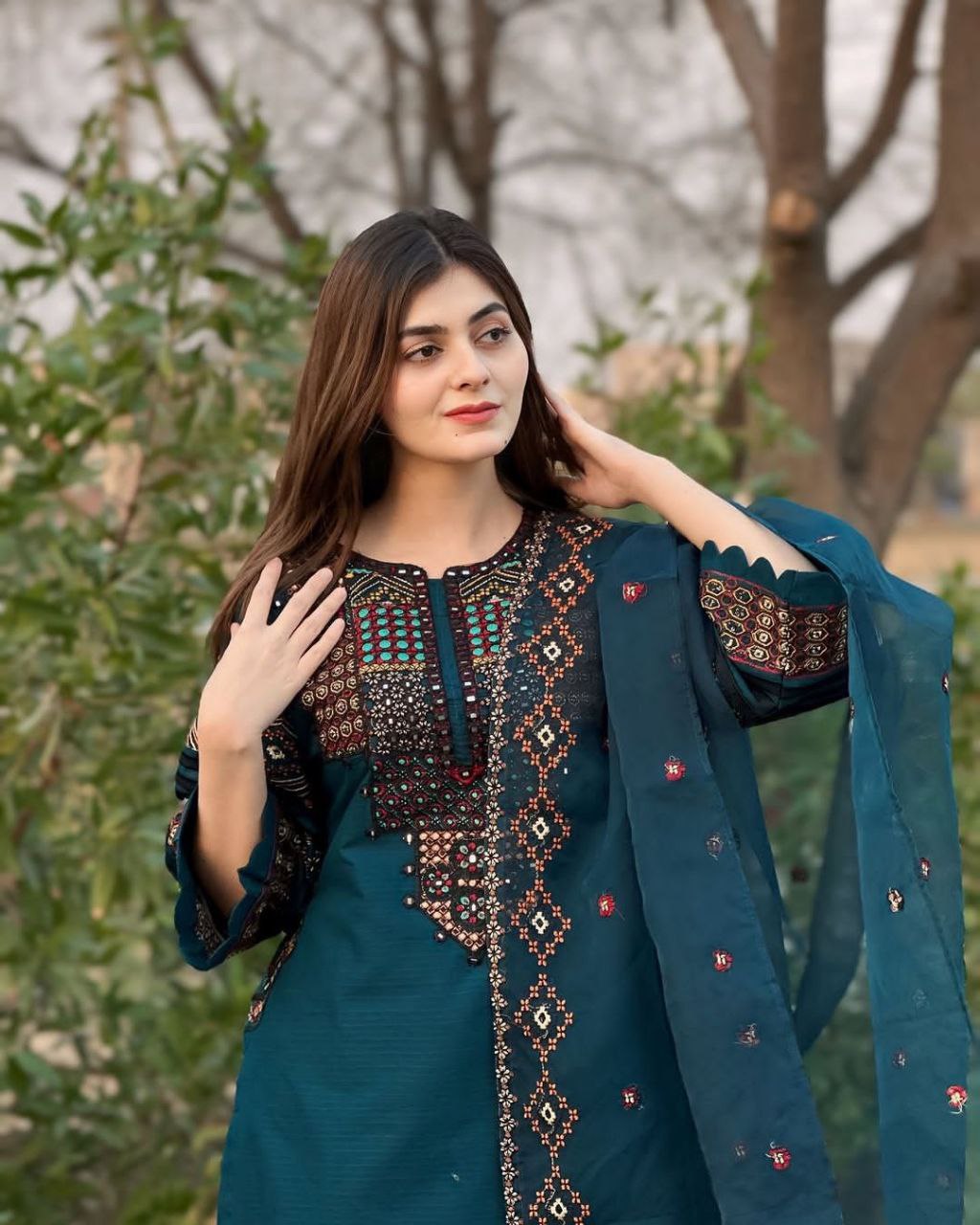 Roman Silk Embroidered Suit – Sequined Top, Pant & Organza Dupatta