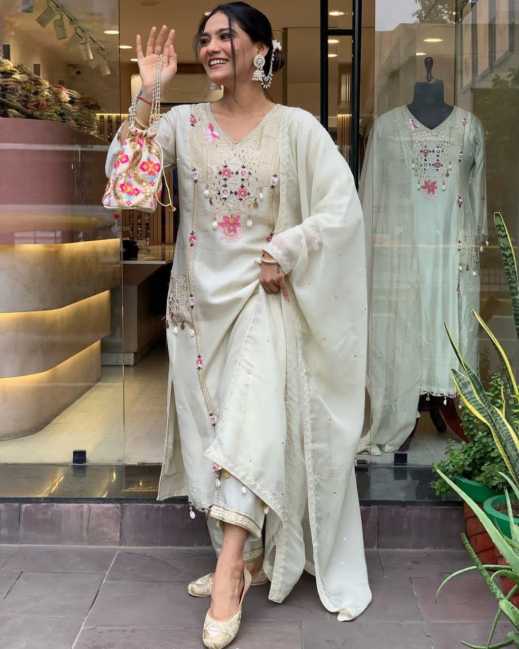 Premium Hand Work Kurti Pant Dupatta Set in Pure Banana Silk
