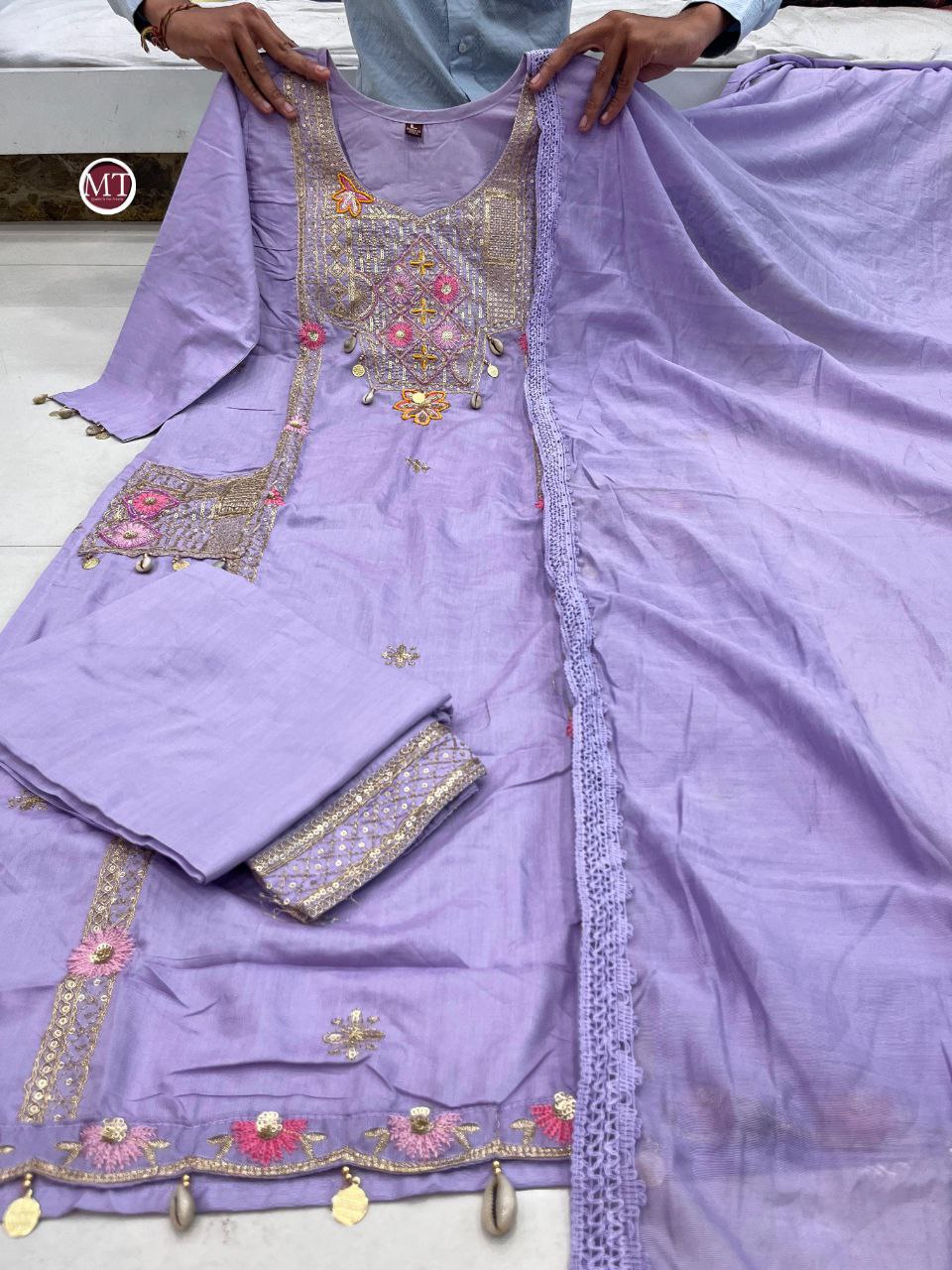 Premium Hand Work Kurti Pant Dupatta Set in Pure Banana Silk