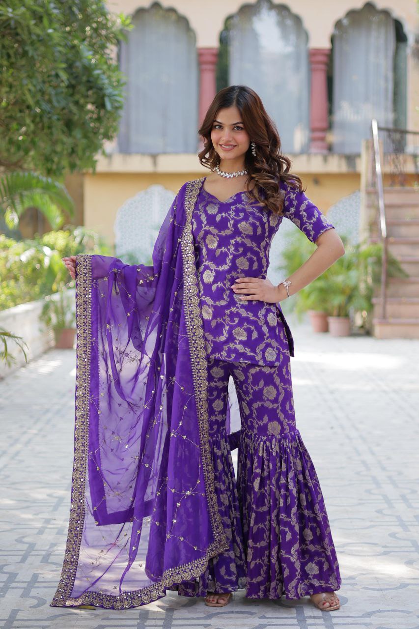 Designer Gharara Suit β Embroidered Viscose Georgette Kurti, Gharara & Silk Dupatta