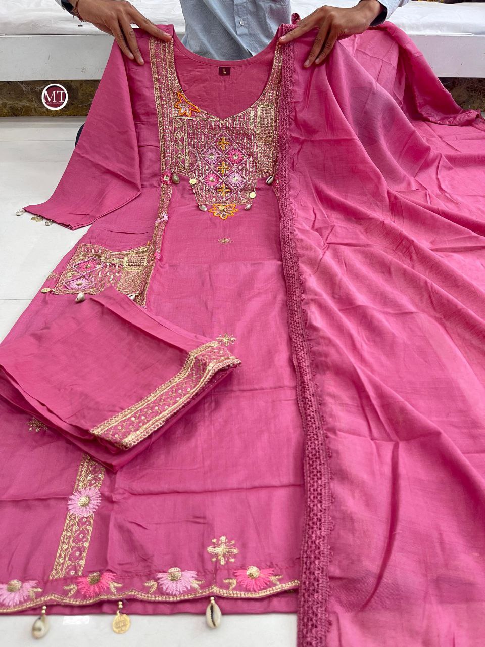 Premium Hand Work Kurti Pant Dupatta Set in Pure Banana Silk