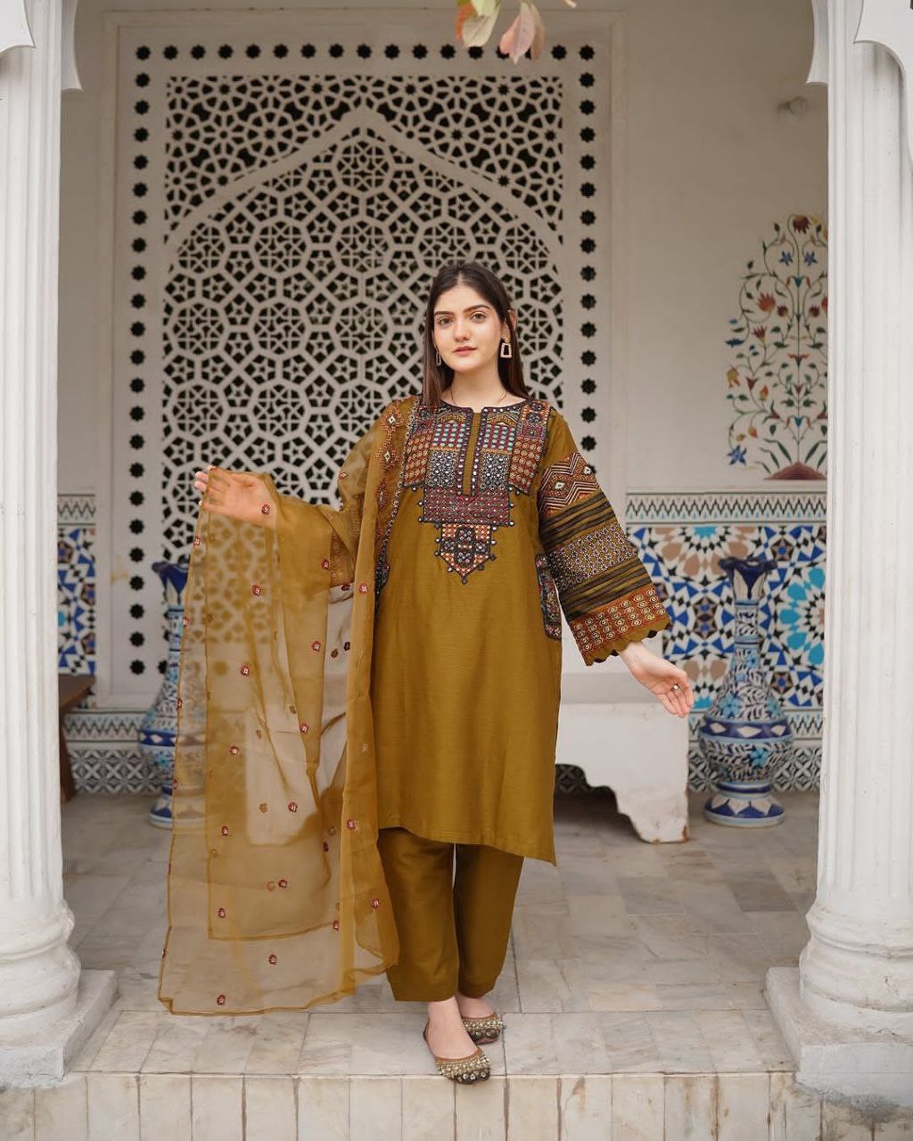 Roman Silk Embroidered Suit – Sequined Top, Pant & Organza Dupatta