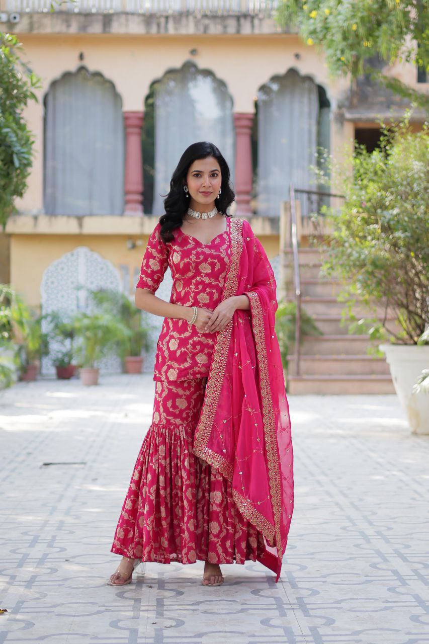 Designer Gharara Suit β Embroidered Viscose Georgette Kurti, Gharara & Silk Dupatta