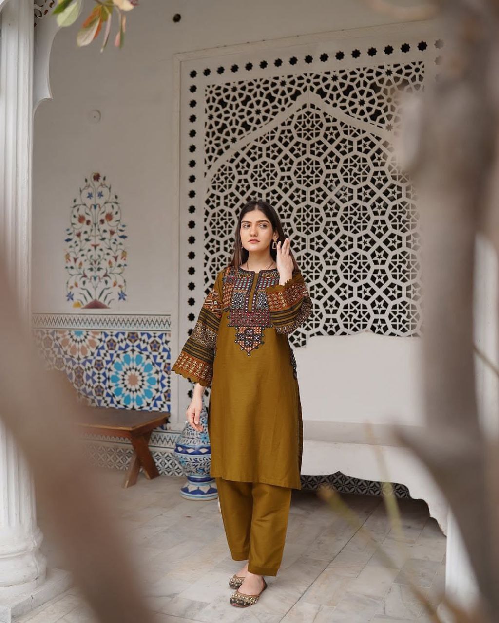 Roman Silk Embroidered Suit – Sequined Top, Pant & Organza Dupatta