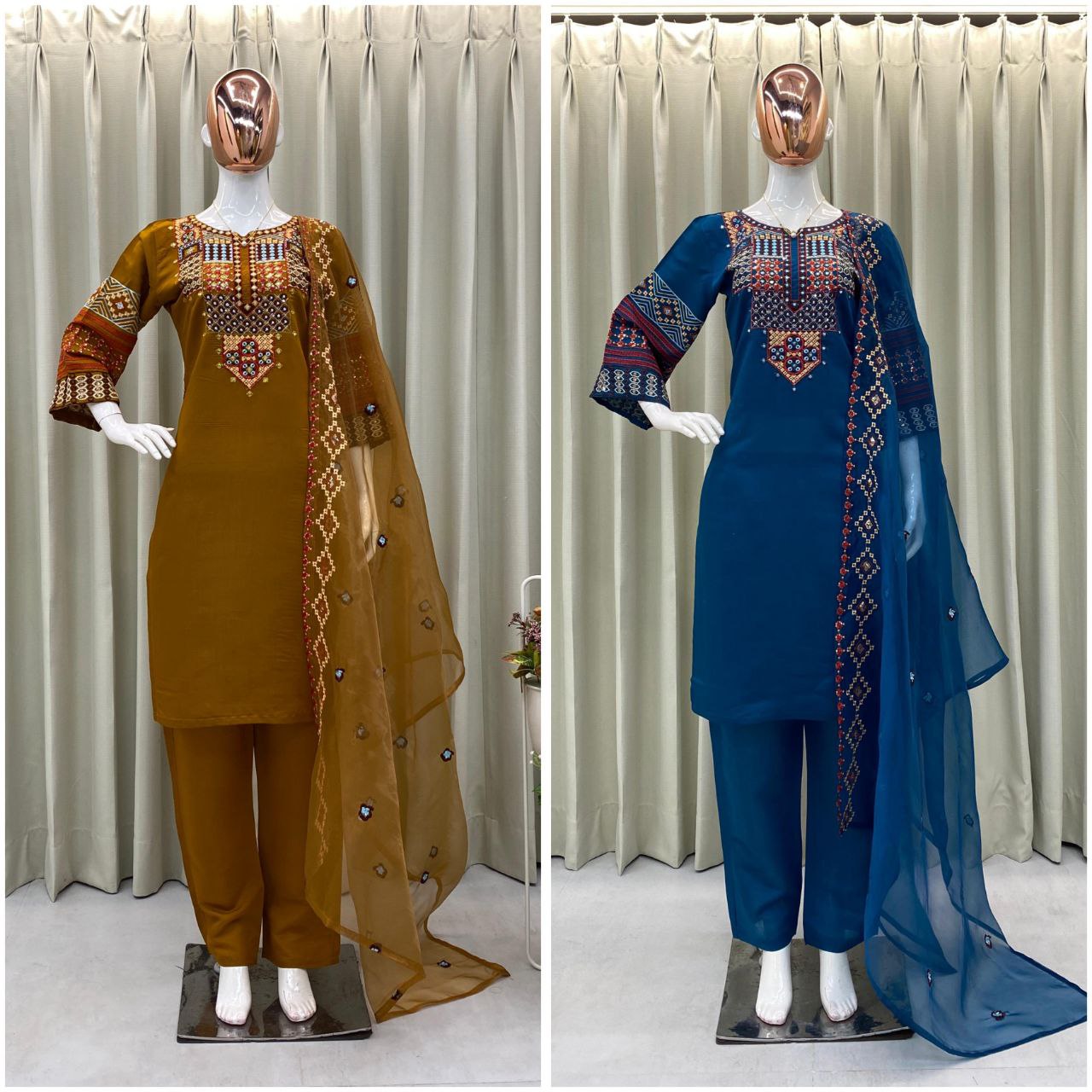 Roman Silk Embroidered Suit – Sequined Top, Pant & Organza Dupatta