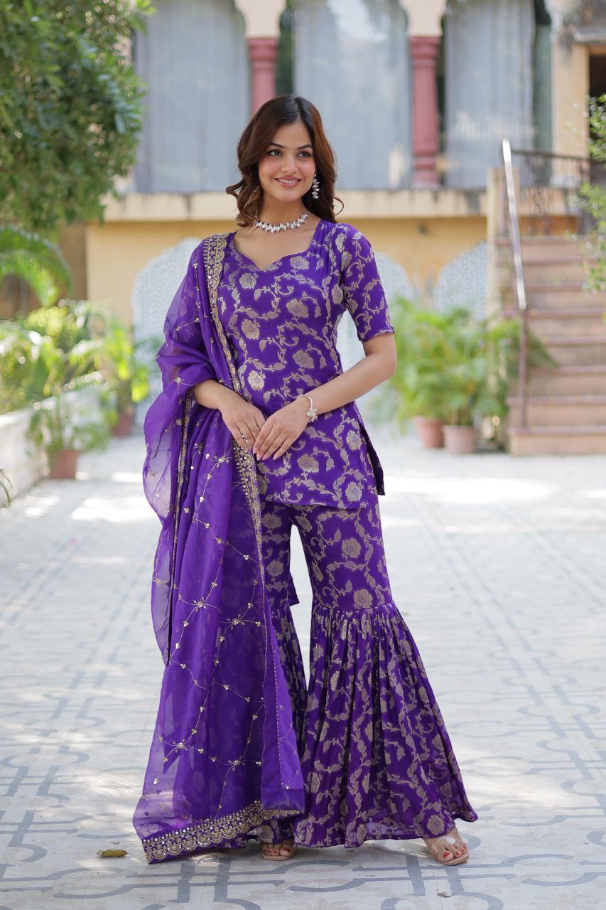Designer Gharara Suit β Embroidered Viscose Georgette Kurti, Gharara & Silk Dupatta