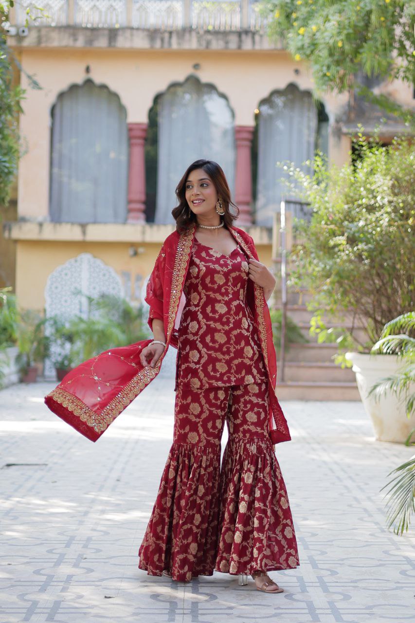 Designer Gharara Suit β Embroidered Viscose Georgette Kurti, Gharara & Silk Dupatta