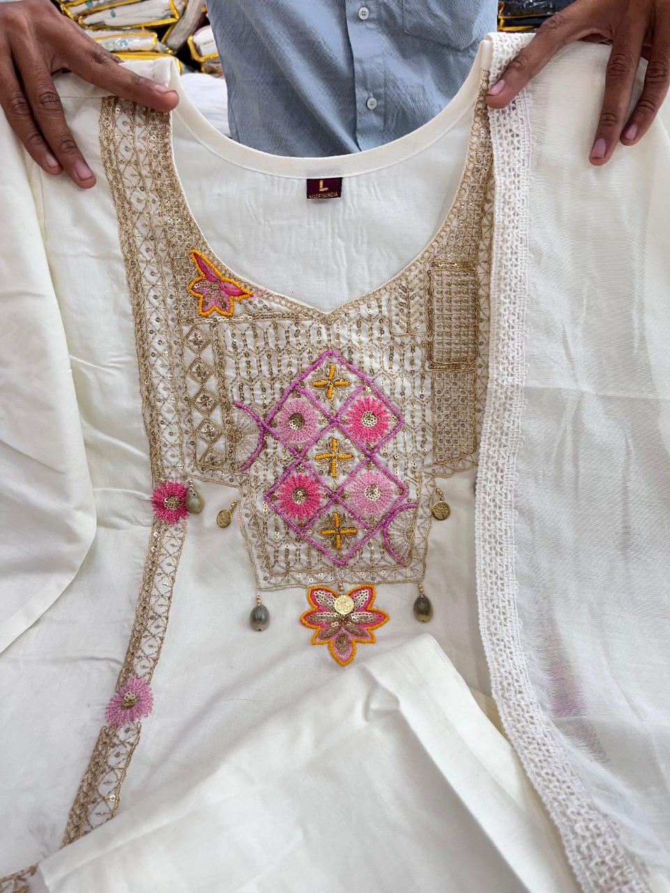Premium Hand Work Kurti Pant Dupatta Set in Pure Banana Silk