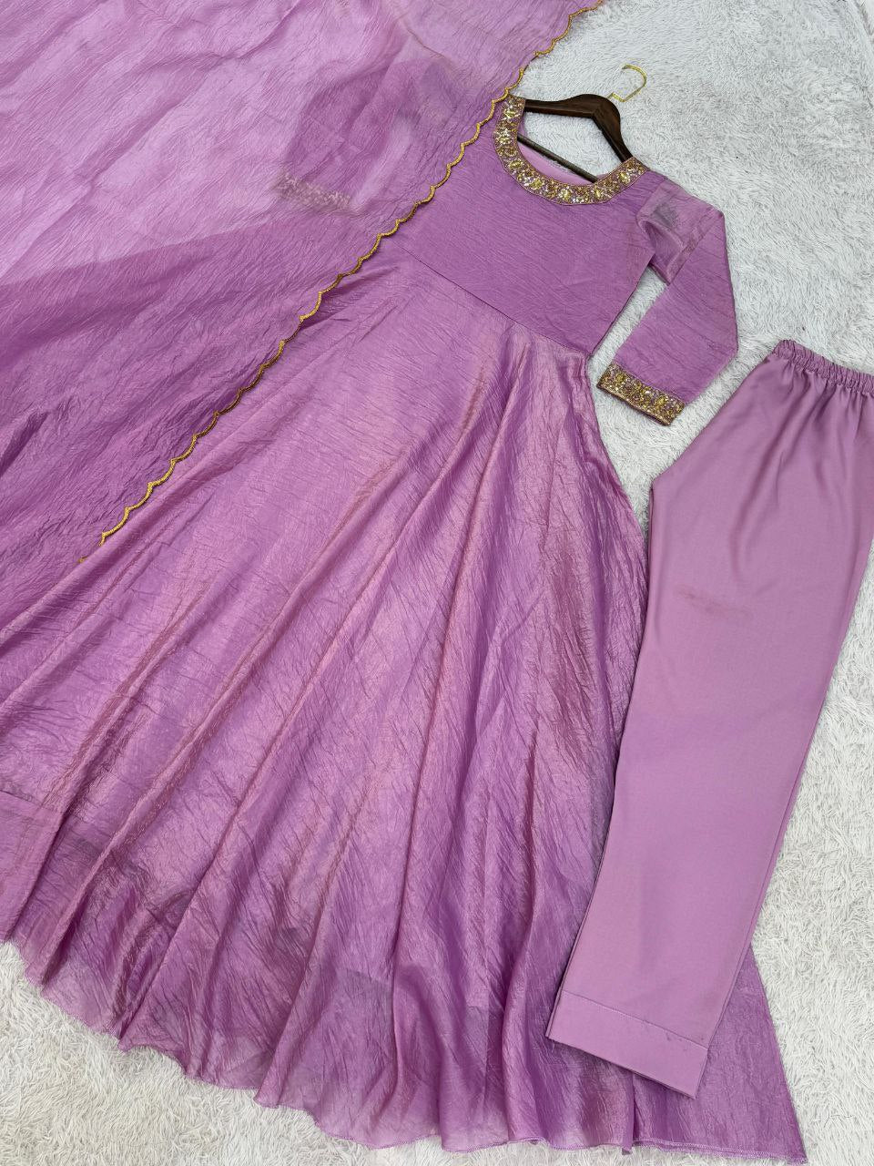 Designer Anarkali Gown Set β Embroidered Gown, Pant & Dupatta