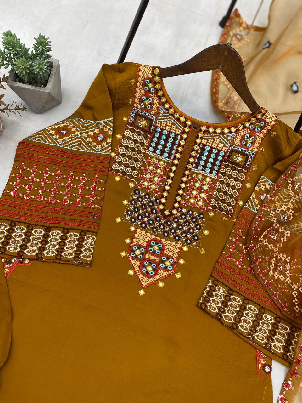 Roman Silk Embroidered Suit – Sequined Top, Pant & Organza Dupatta
