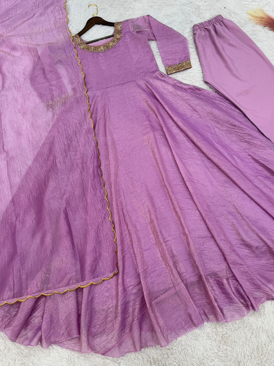 Designer Anarkali Gown Set β Embroidered Gown, Pant & Dupatta