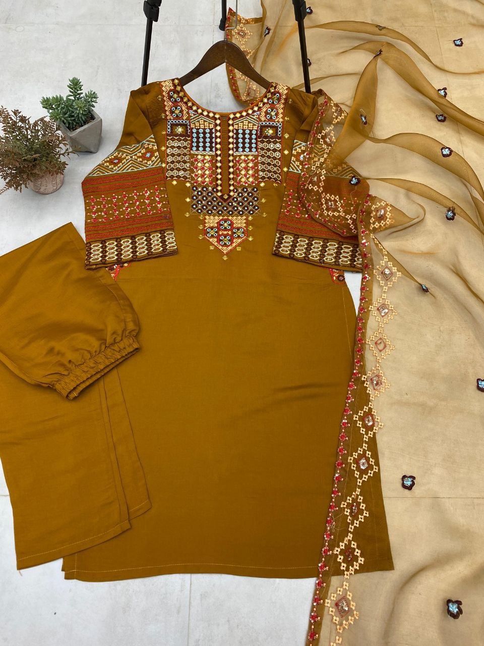 Roman Silk Embroidered Suit – Sequined Top, Pant & Organza Dupatta