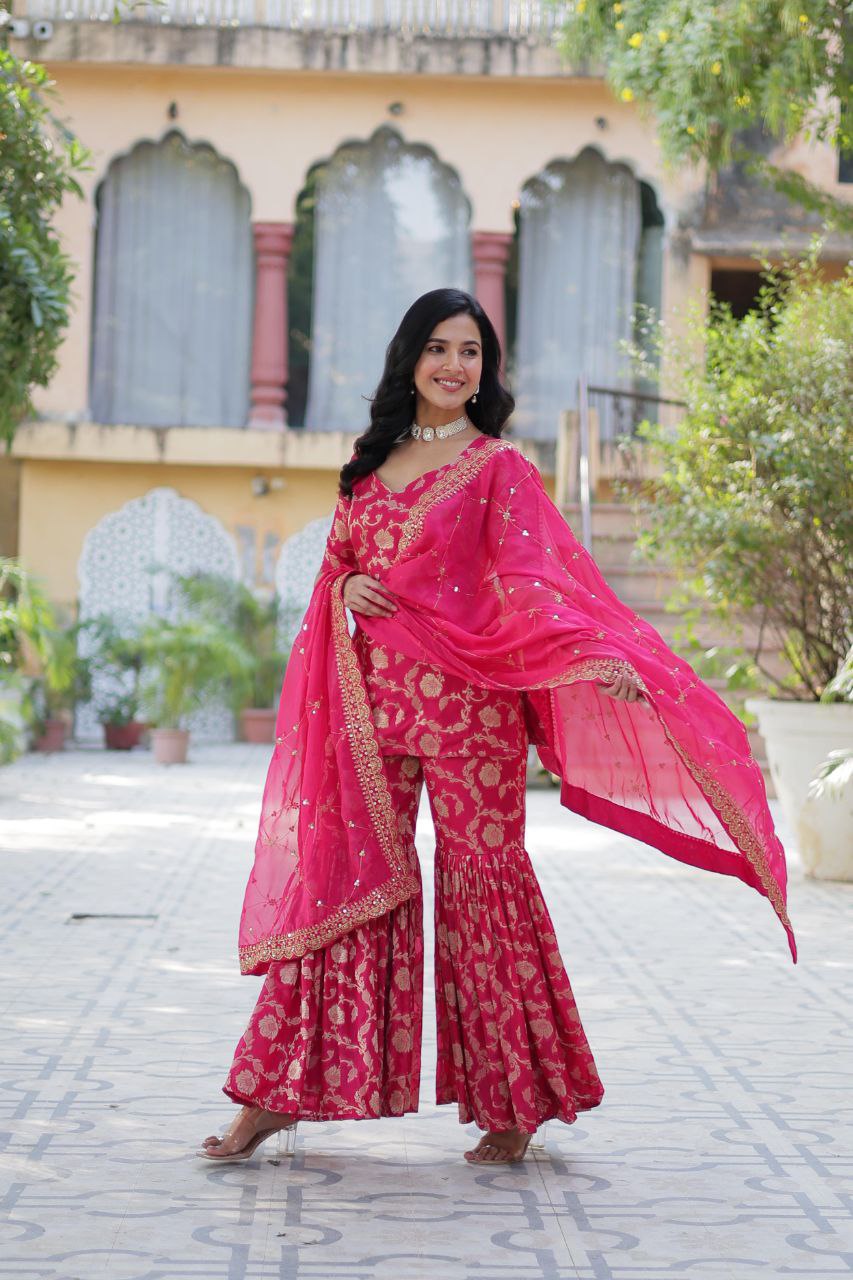 Designer Gharara Suit β Embroidered Viscose Georgette Kurti, Gharara & Silk Dupatta